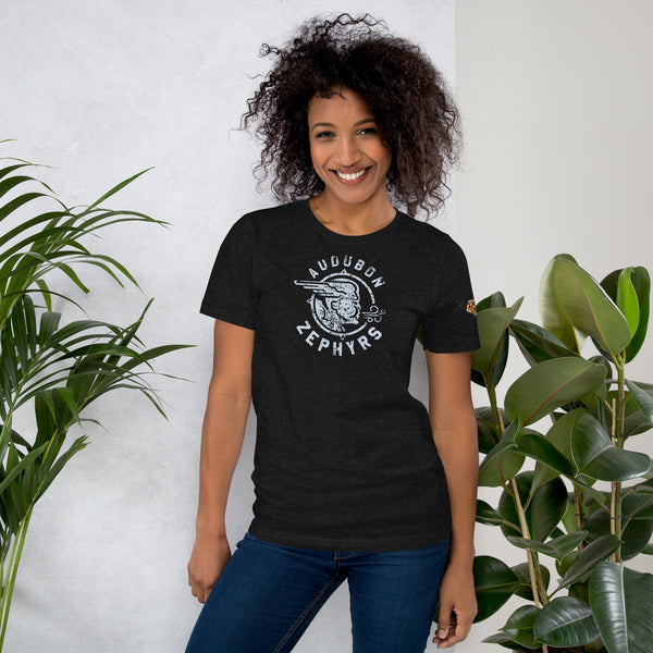 Model wearing Audubon Zephyrs vintage mascot tee in black heather