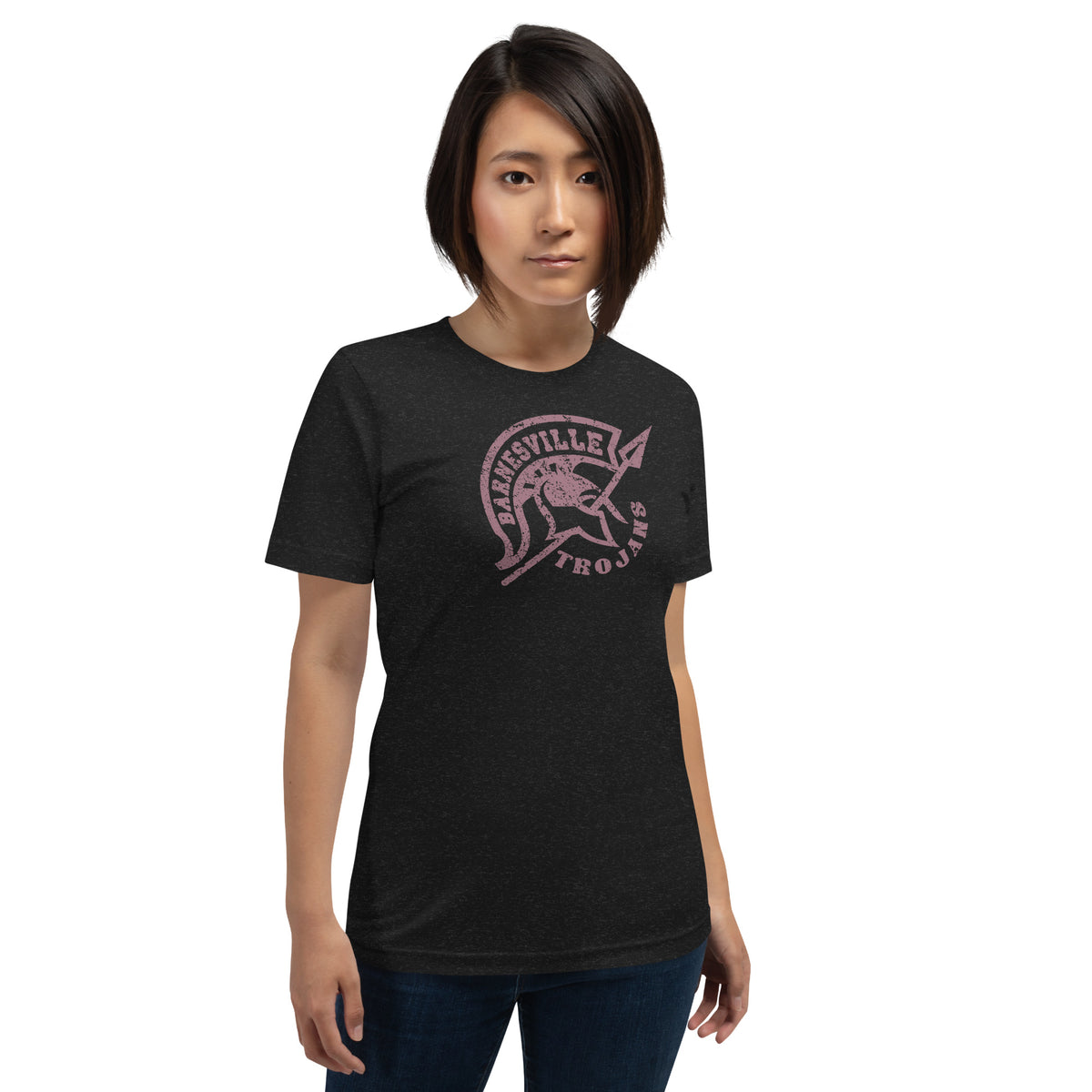 Barnesville Trojans vintage tee in black heather with retro college mascot graphic front view