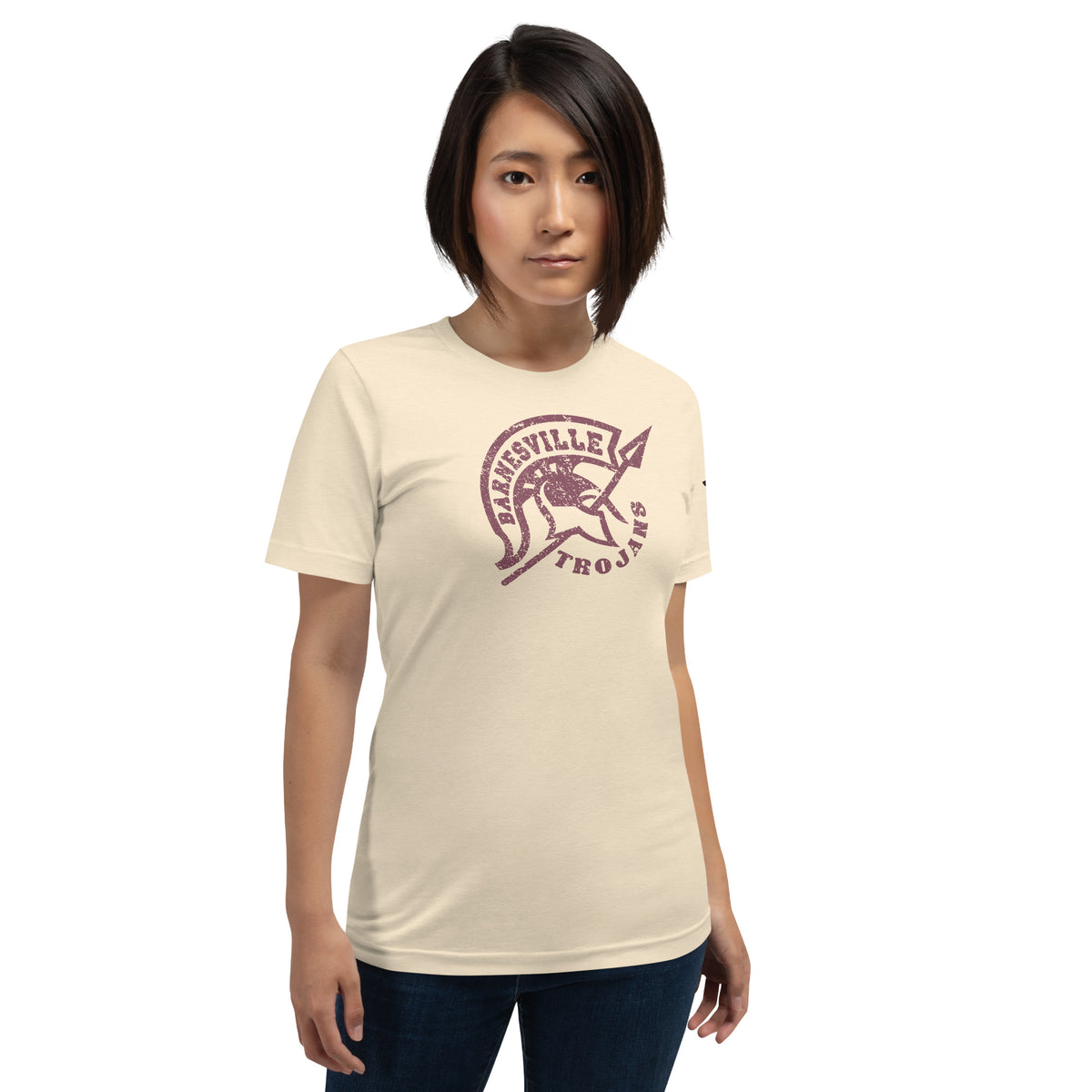 Barnesville Trojans vintage tee in black heather with retro college mascot graphic in natural front view