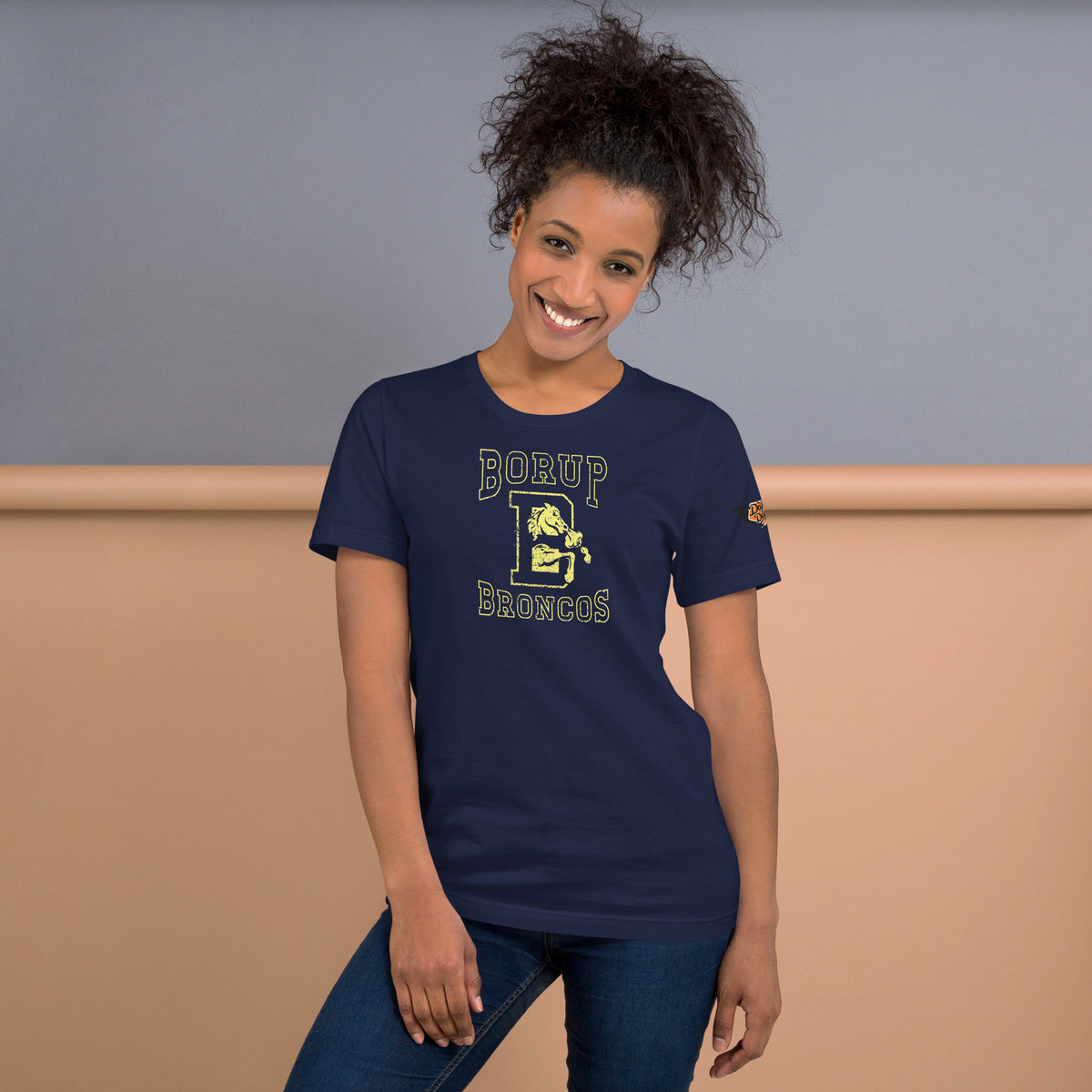 Borup Broncos vintage mascot tee in navy blue, front view