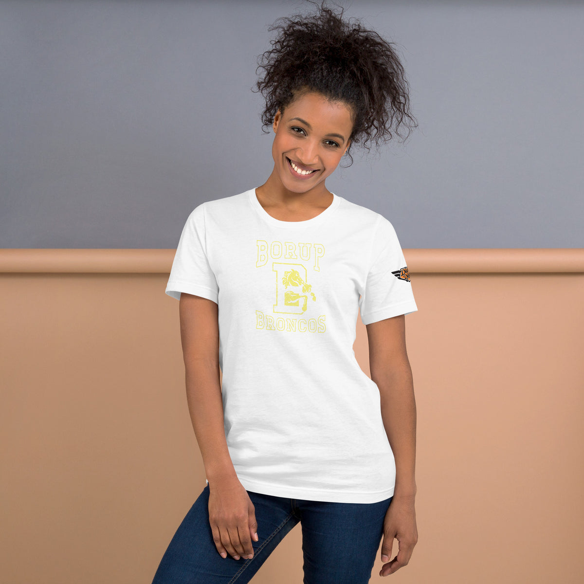 Borup Broncos vintage mascot tee in white, front view