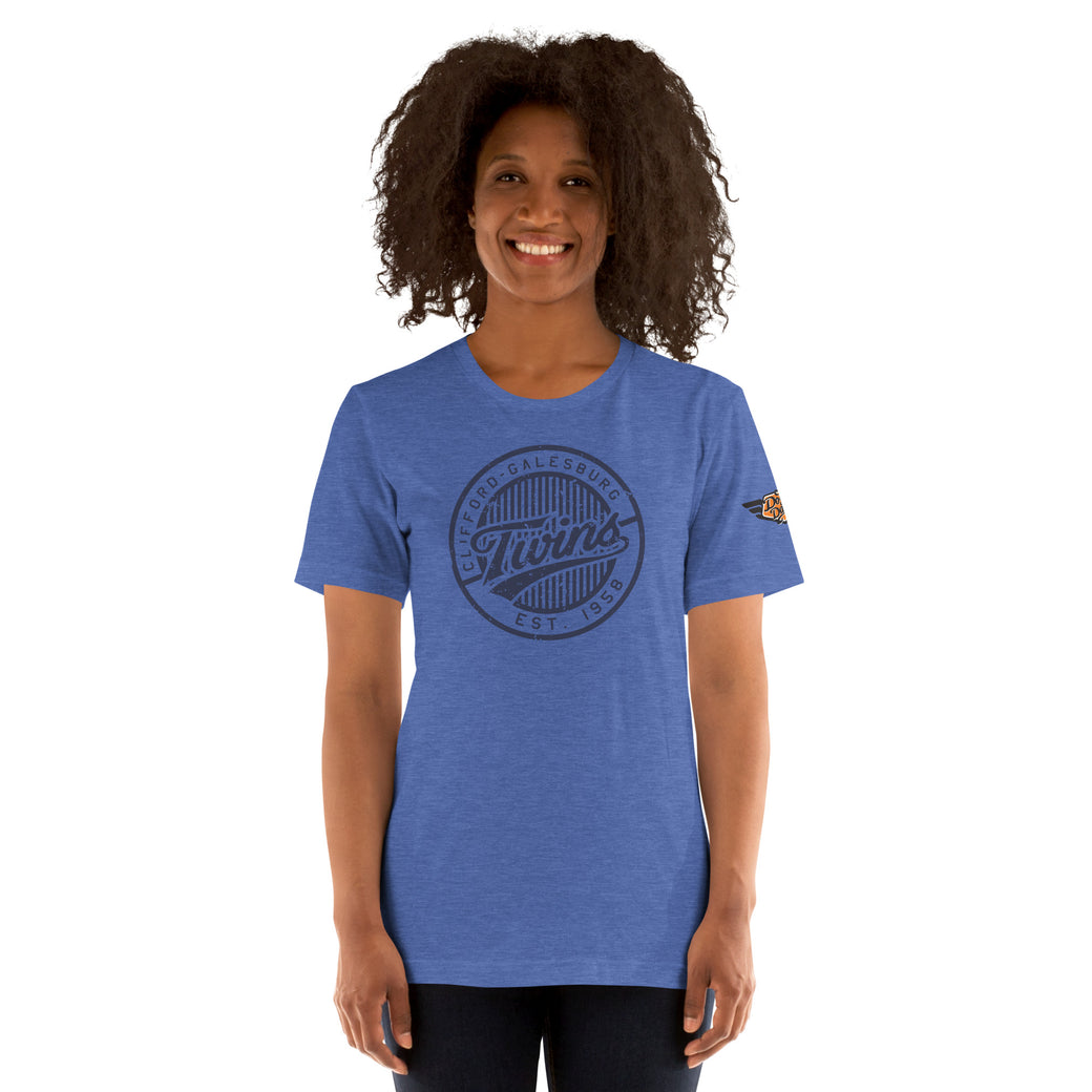 Front view of Clifford Twins Vintage Mascot Tee in true royal