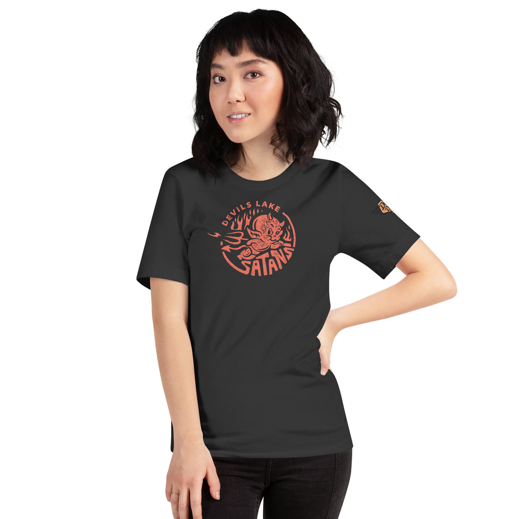 Devils Lake Satans vintage mascot tee in dark grey, front view