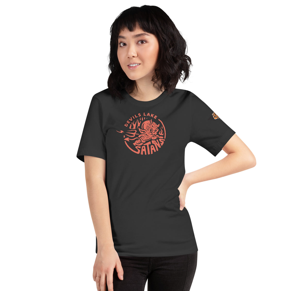 Devils Lake Satans vintage mascot tee in dark grey, front view