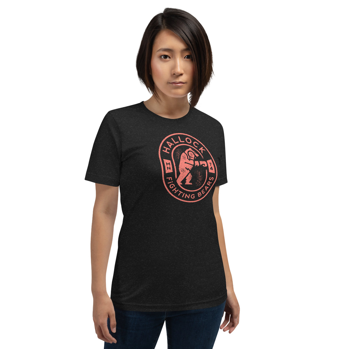 Hallock Fighting Bears vintage tee featuring retro college mascot design on black heather shirt