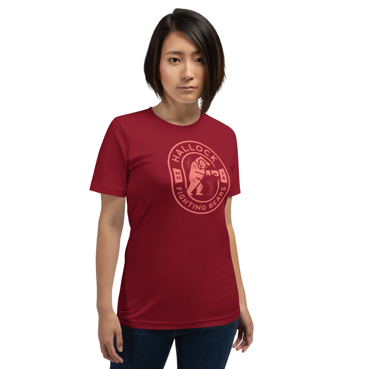 Hallock Fighting Bears retro college mascot shirt in cardinal red front view