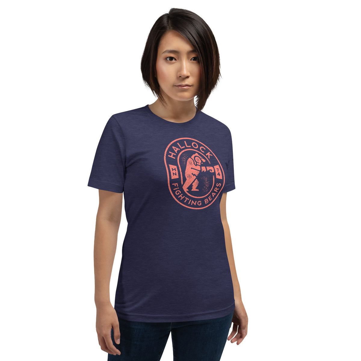 Midnight Navy Hallock Fighting Bears retro mascot t-shirt front view