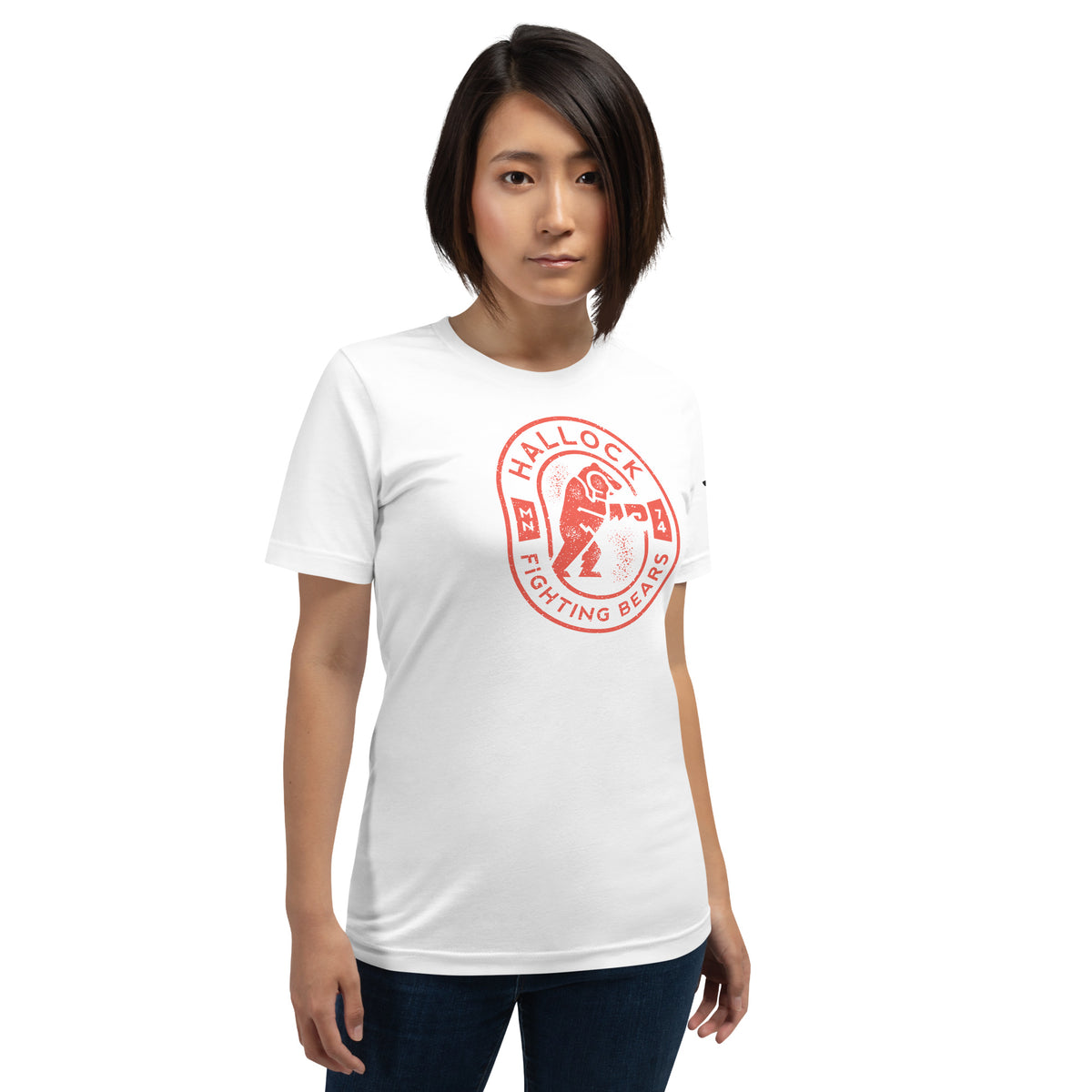 White Hallock Fighting Bears retro mascot t-shirt front view