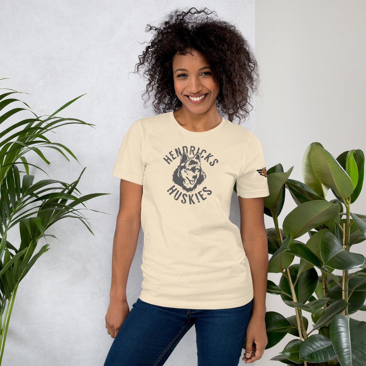 Hendricks Huskies vintage college mascot tee in heather natural front view