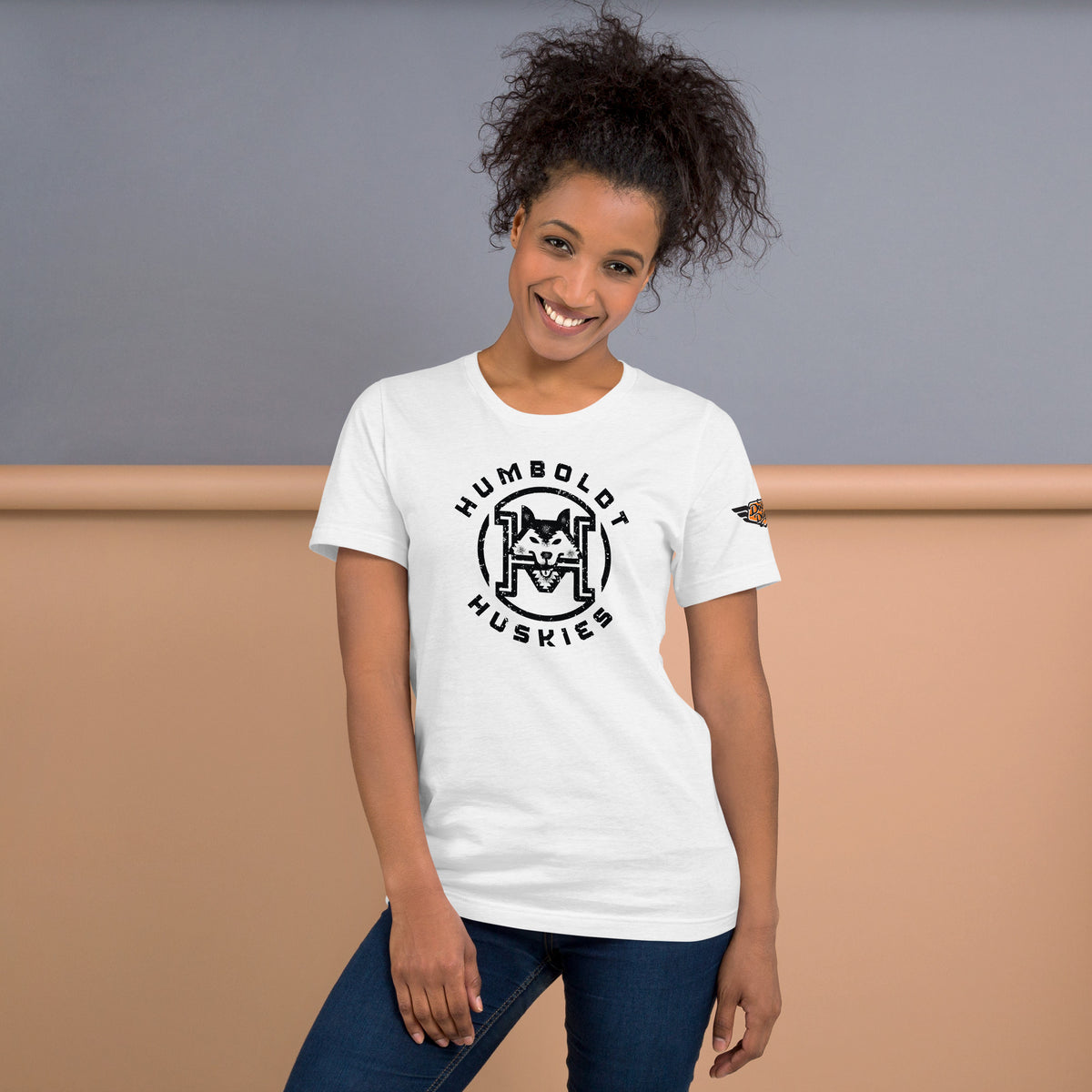 Solid white Humboldt Huskies vintage t-shirt front view