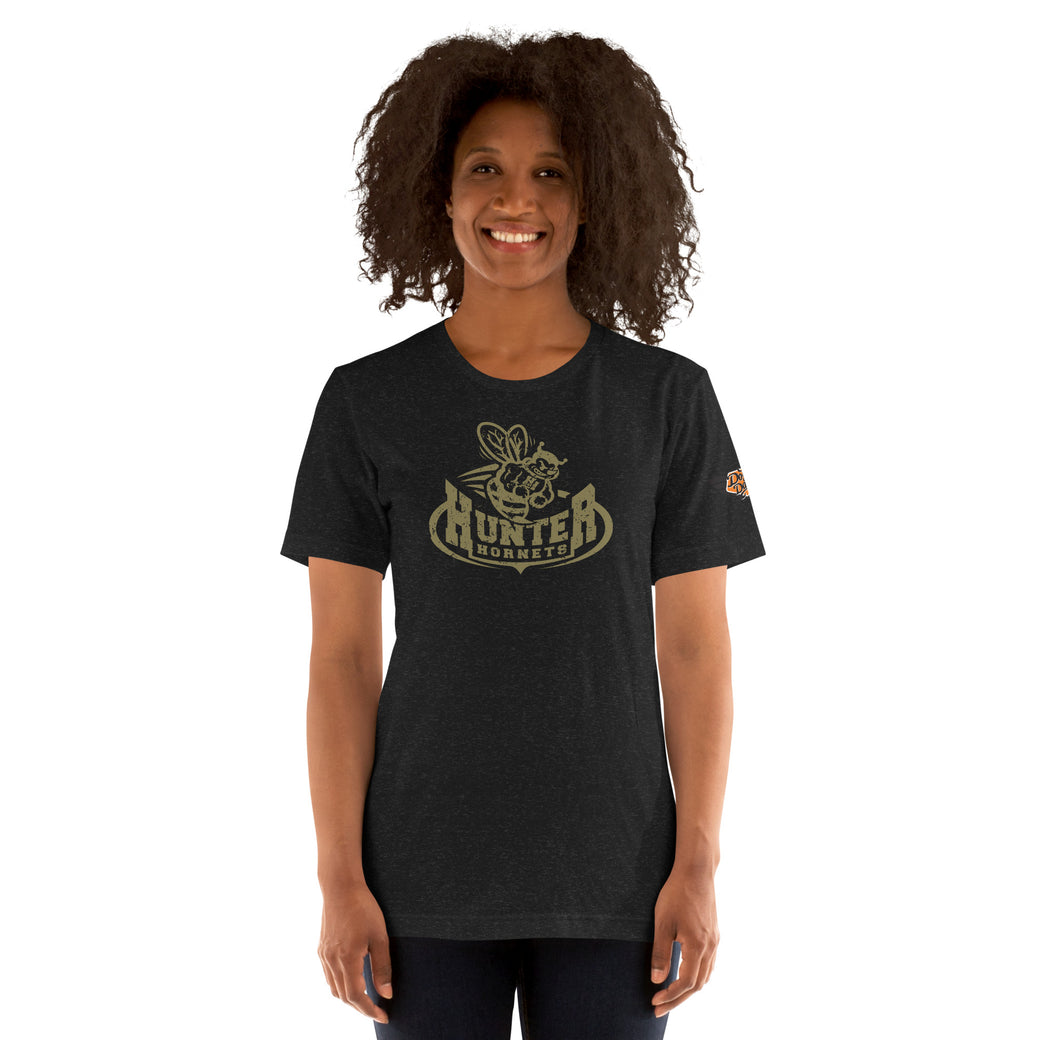 black heather Hunter Hornets vintage mascot t-shirt, front view