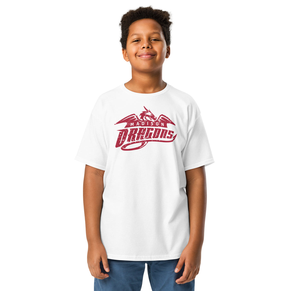 Madison Dragons youth mascot graphic t-shirt in white