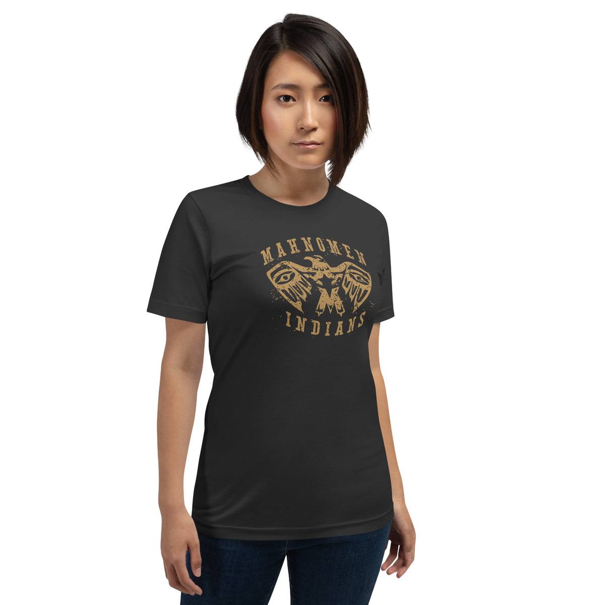 Mahnomen Indians vintage mascot tshirt in dark grey front