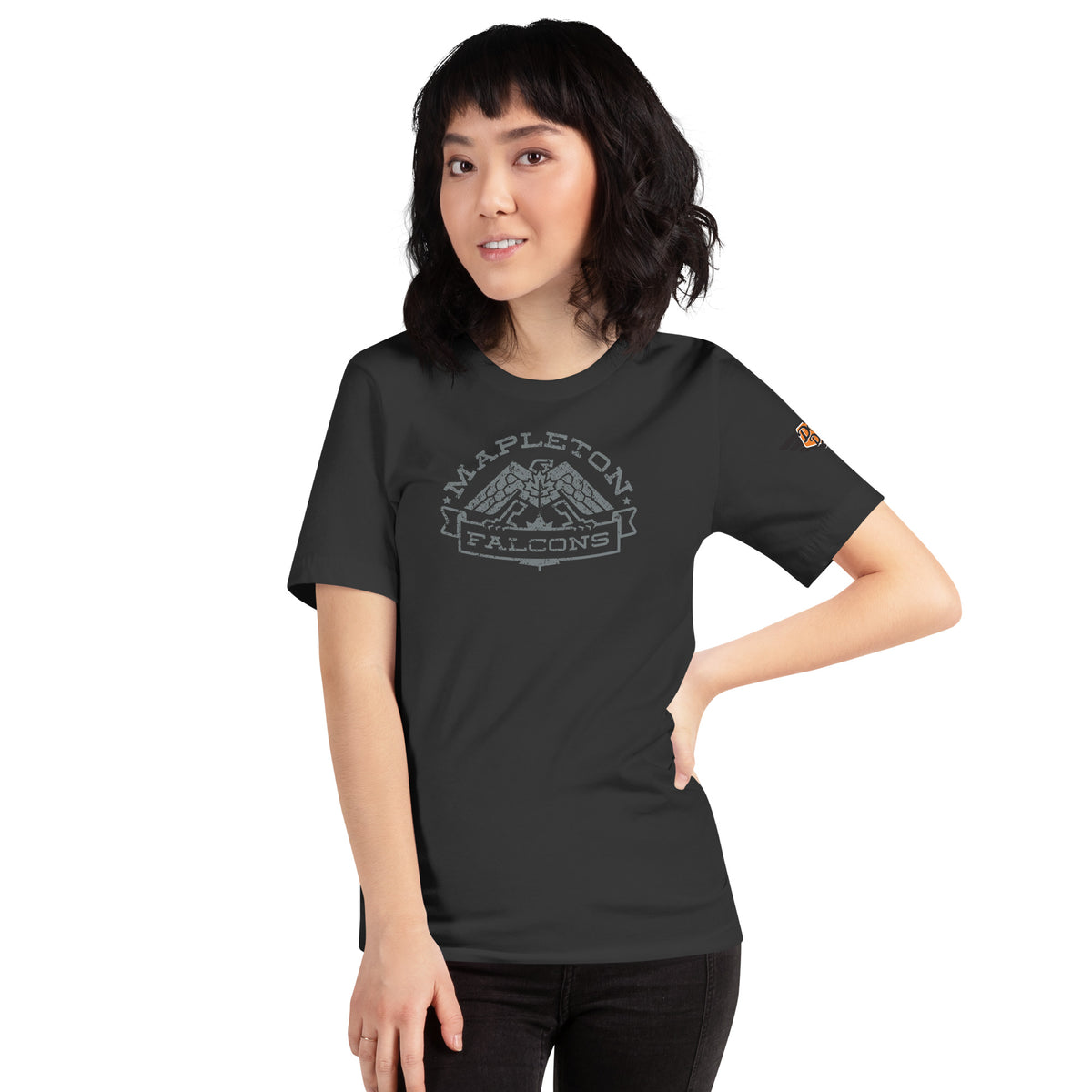 Mapleton Falcons throwback mascot shirt in dark grey front view