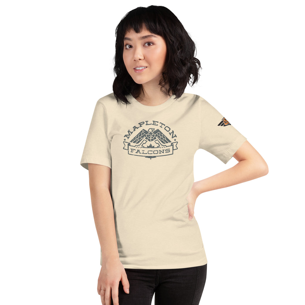 Mapleton Falcons vintage tee with retro college mascot graphic, front view in natural