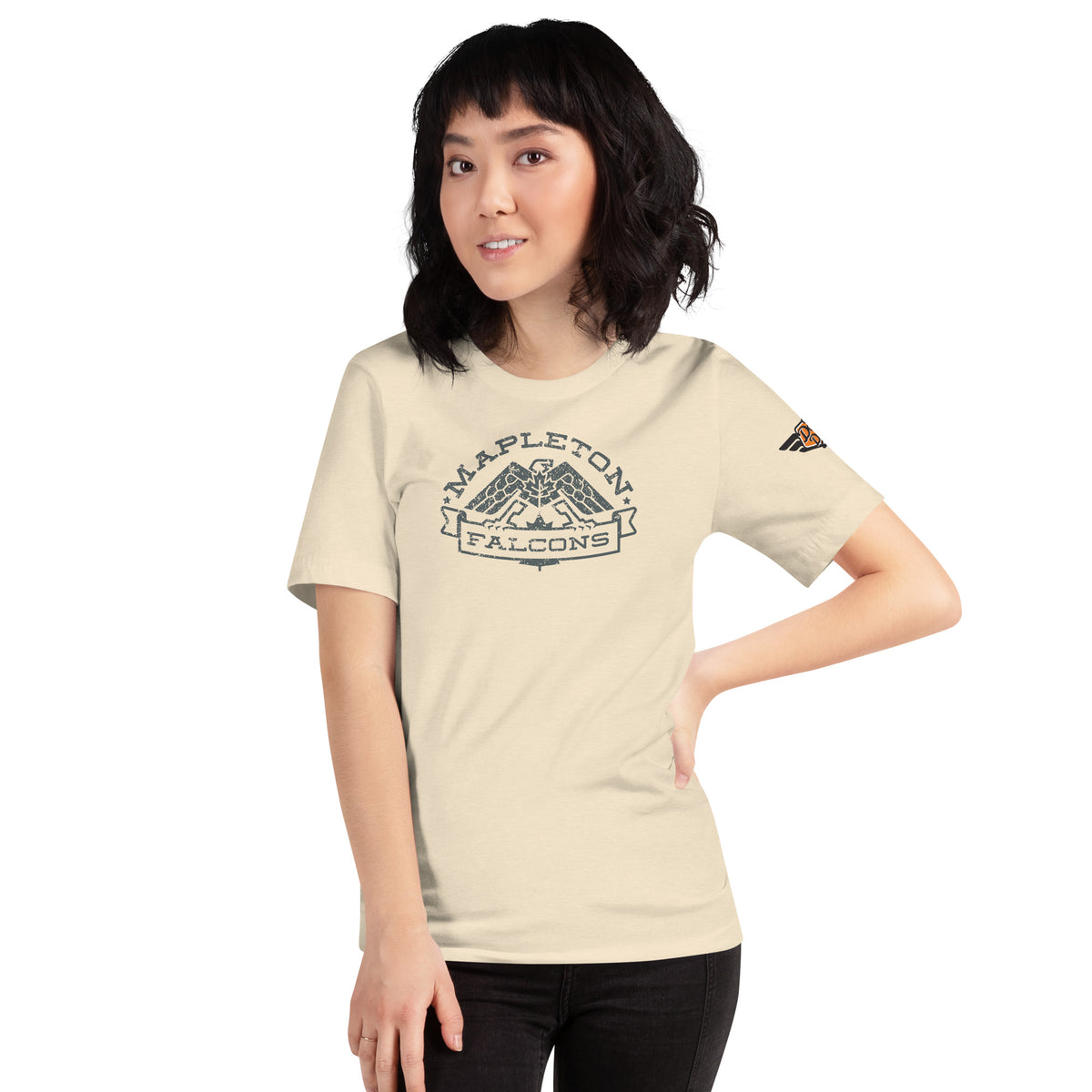 Mapleton Falcons vintage tee with retro college mascot graphic, front view in natural