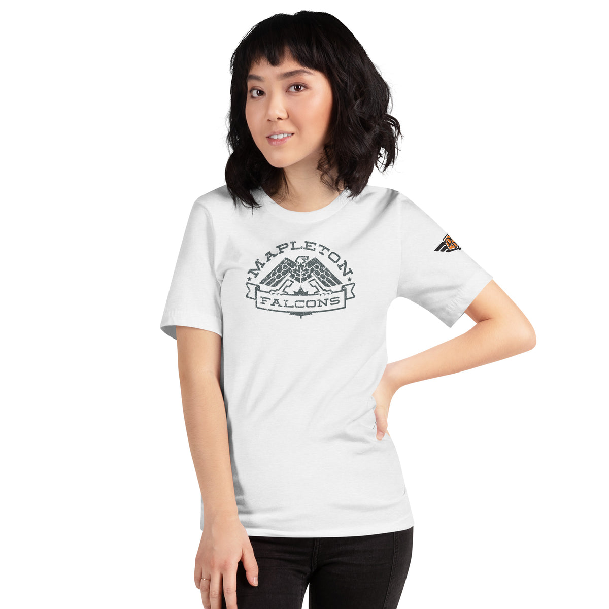 Mapleton Falcons vintage mascot tee in solid white blend front view