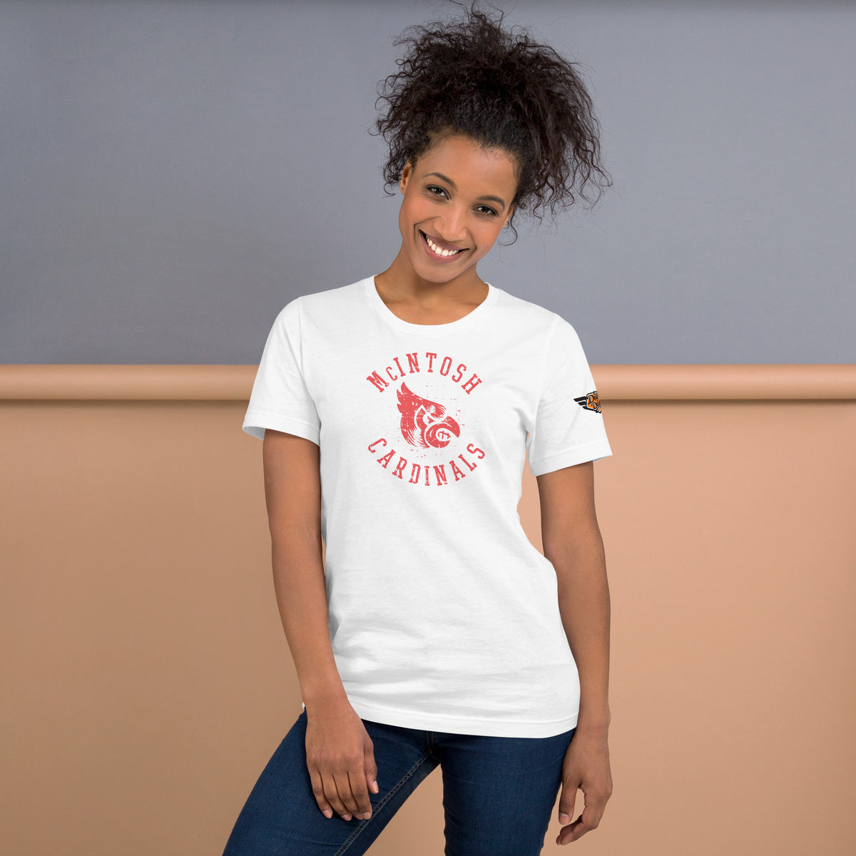 McIntosh Cardinals vintage graphic tee in white, front view