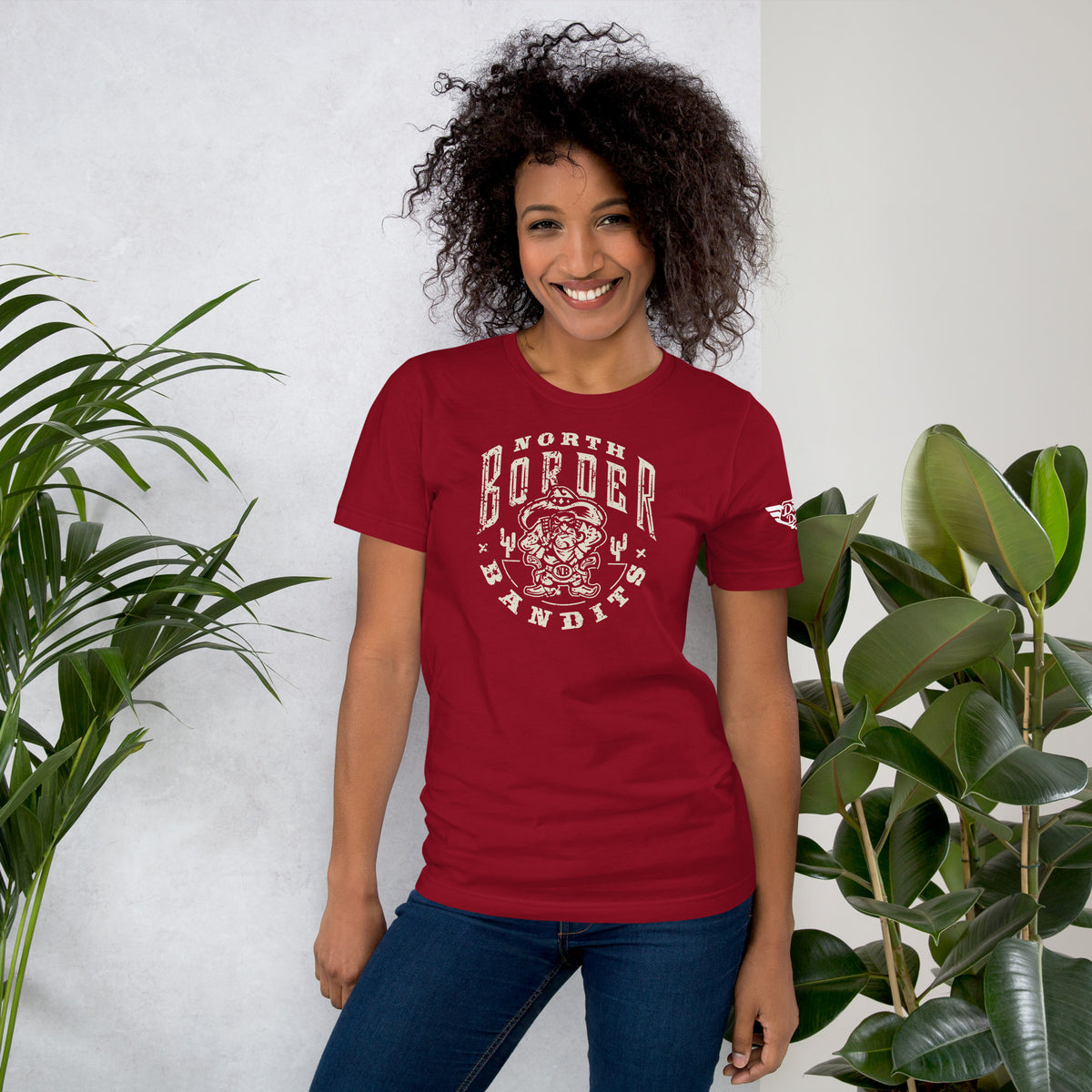 North Border Bandits vintage tee in cardinal red, front view