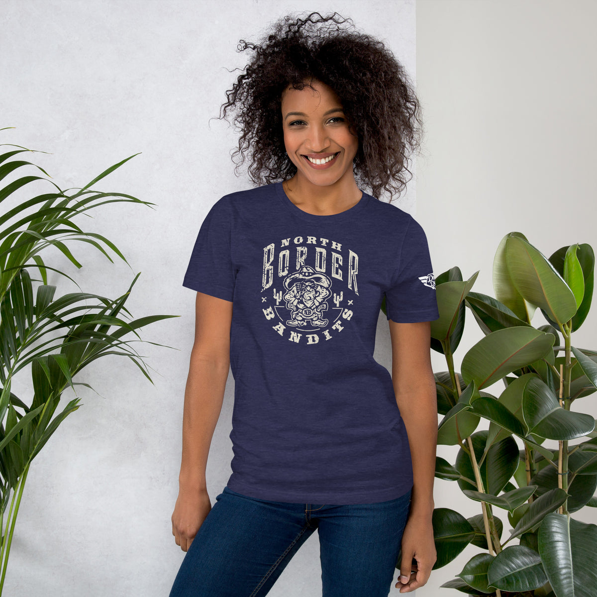 Heather midnight navy North Border Bandits retro mascot t-shirt