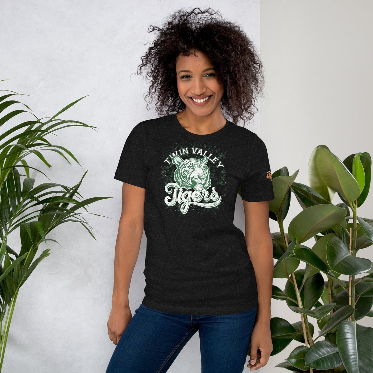 Twin Valley Tigers vintage tee with retro college mascot graphic in black heather