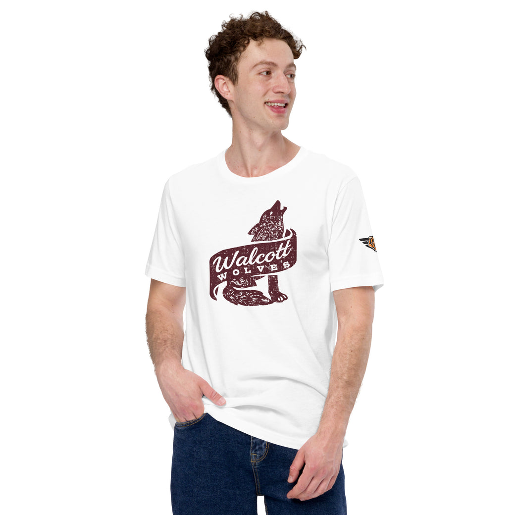 Front view of Walcott Wolves retro college mascot shirt in white