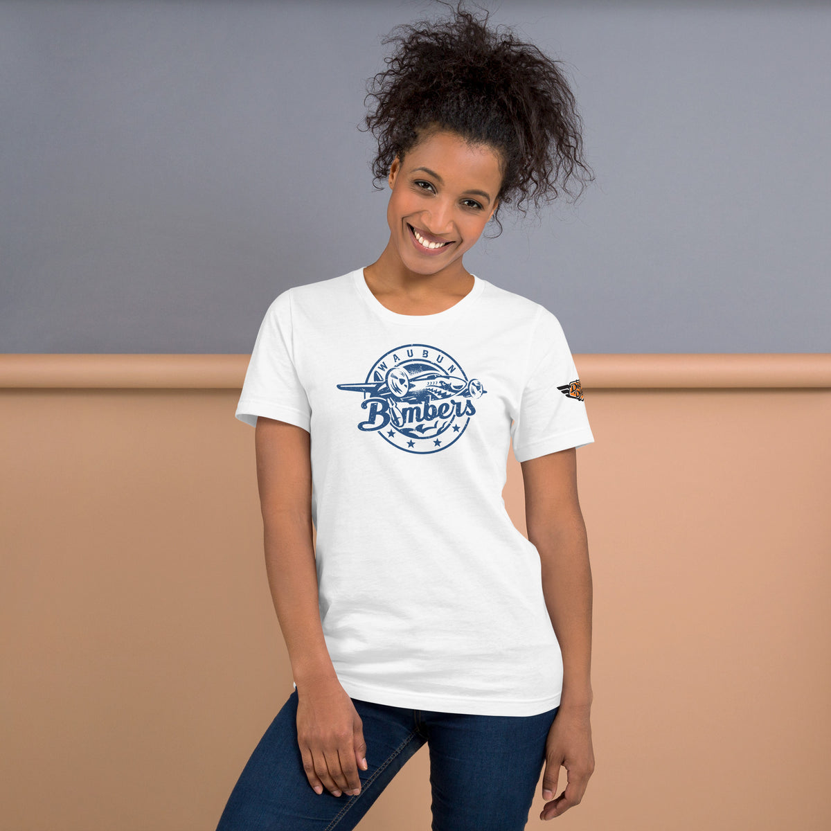 White Waubun Bombers mascot tee with retro school logo